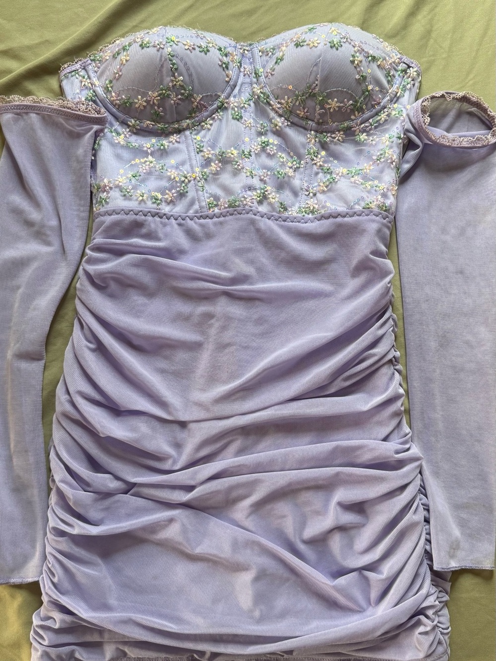 SHEIN Lavender Strapless Ruched Bodycon Dress with Floral Embroidery